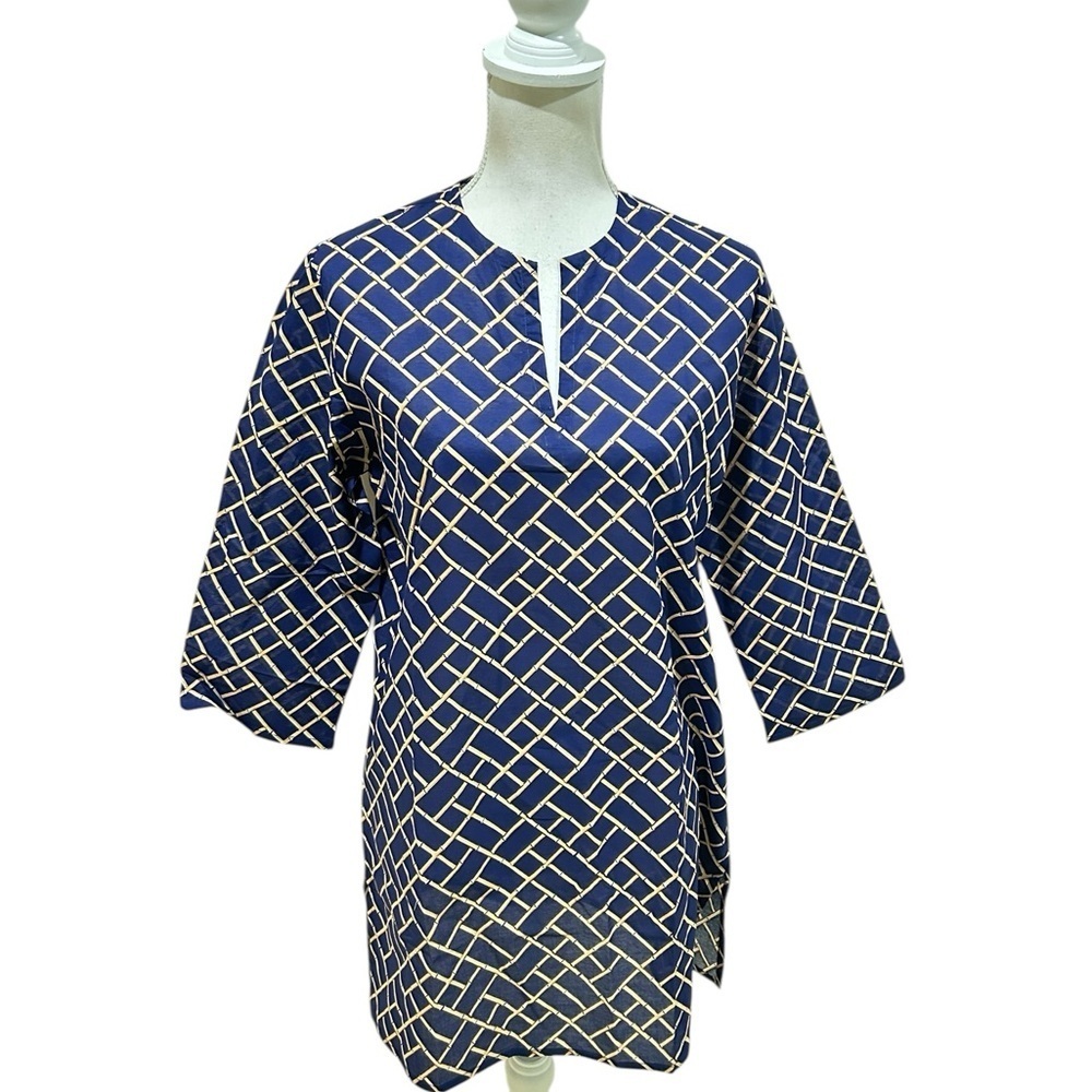 NWT CHARLESTON SHOE CO. 100% Blue & bamboo tan Patterned Tunic 3/4 sleeve large